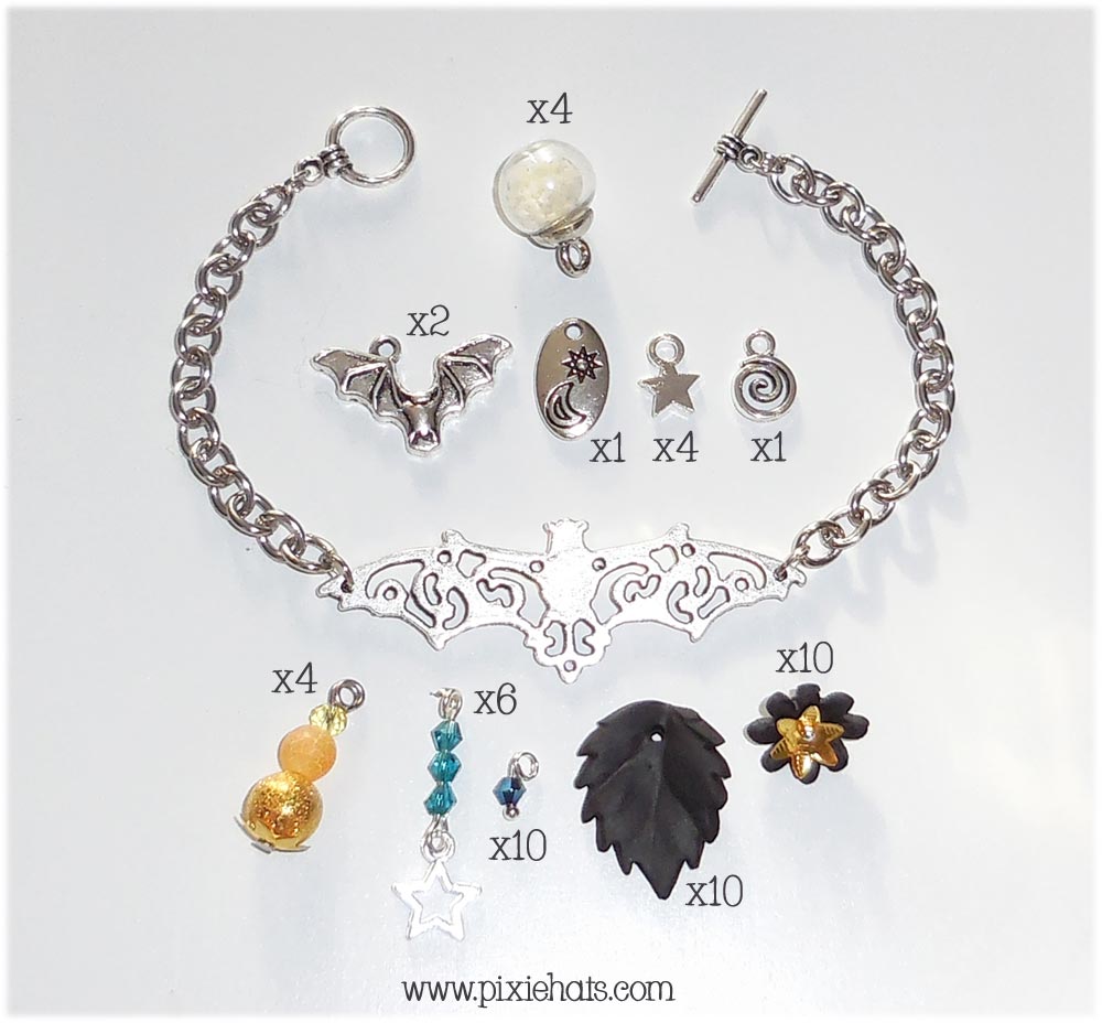Beads and findings to handmake a bat themed bracelet