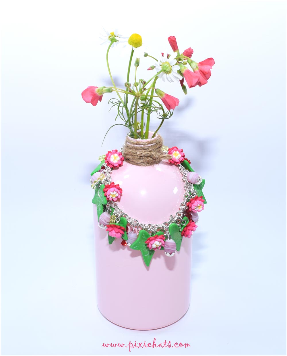 Pink bellis daisy charm bracelet - handmade using polymer clay