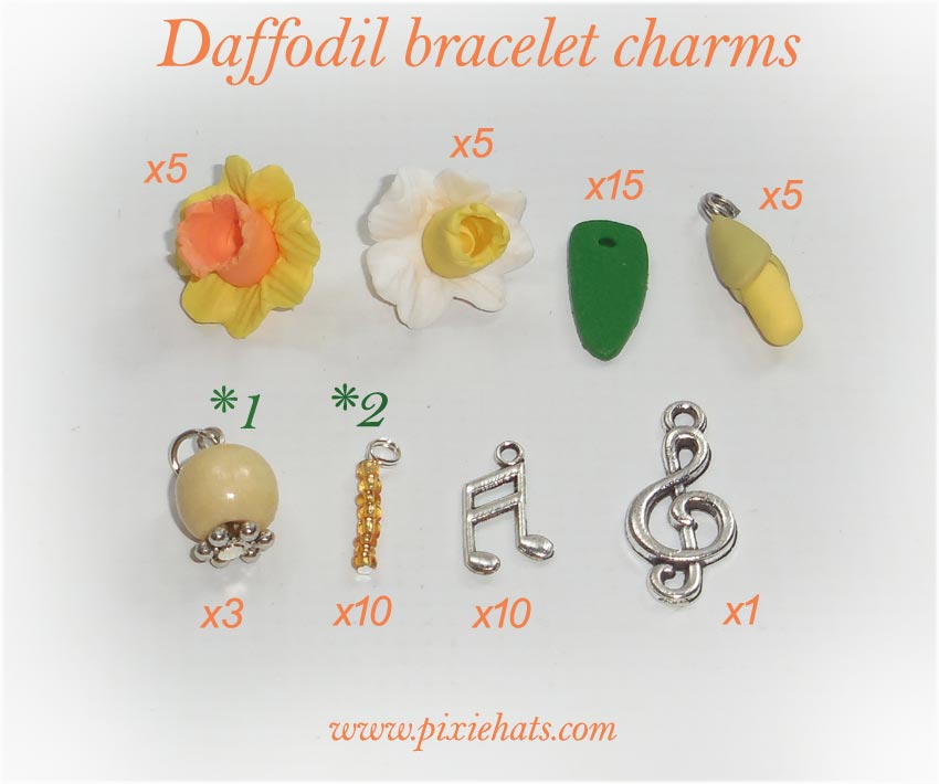 Charms and beads to make a daffodil bracelet