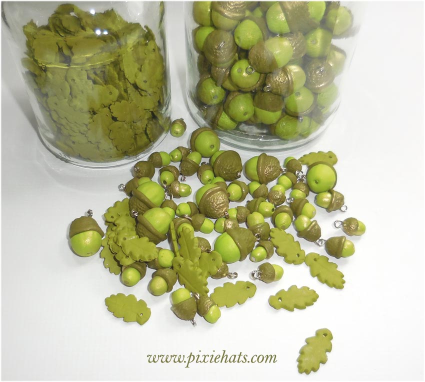 Green acorns - handmade polymer clay charms and beads