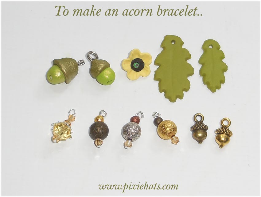 Items needed to make a green acorn bracelet