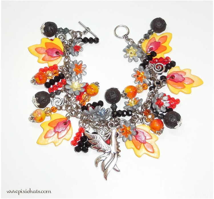 Phoenix flame, fire ane ember bracelet - handmade polymer clay beads and charms