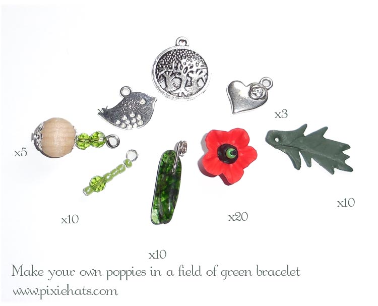 Beads and charms needed to make a poppy field bracelet