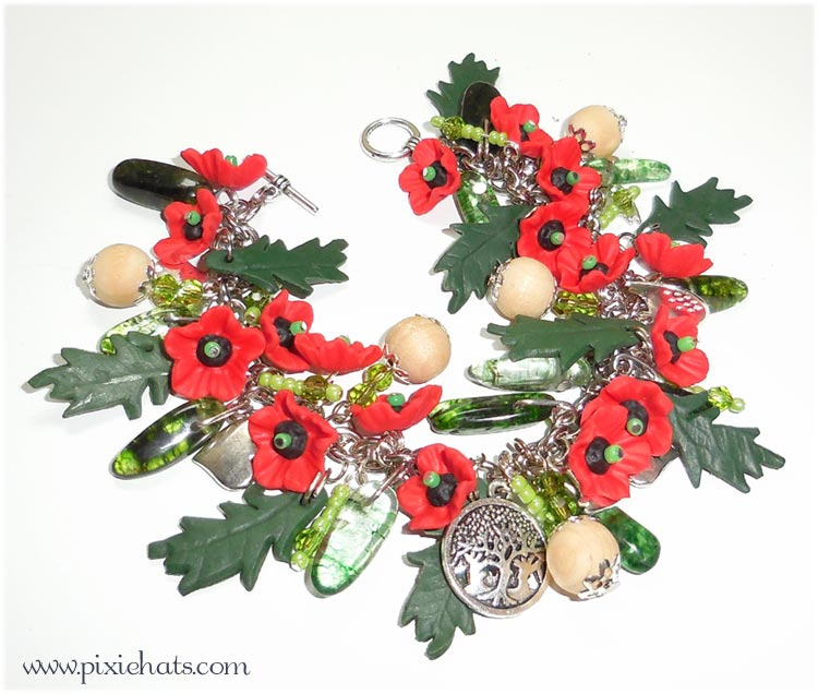 Poppy bracelet - handmade polymer clay flower charms
