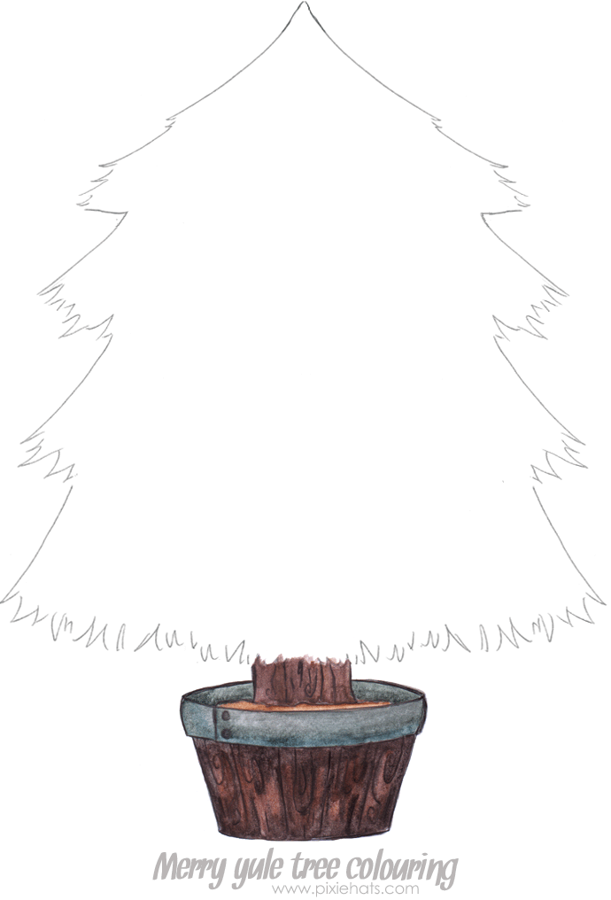 Yule tree colouring picture with colour wooden tub