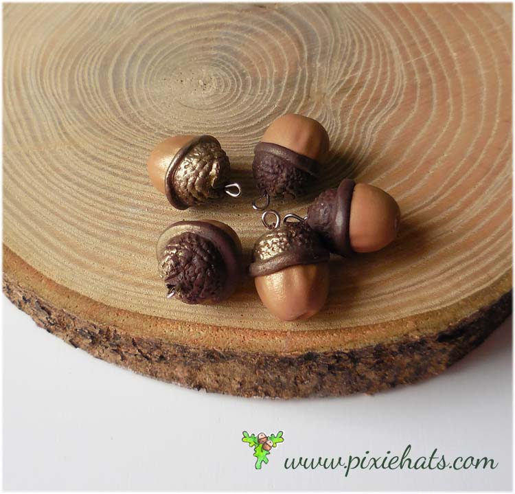 5 large handmade polymer clay acorn beads - oak tree nut and cup charms