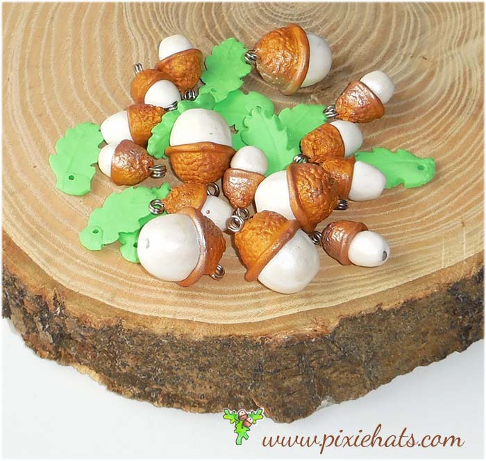 golden coloured acorn beads and oak leaf charms