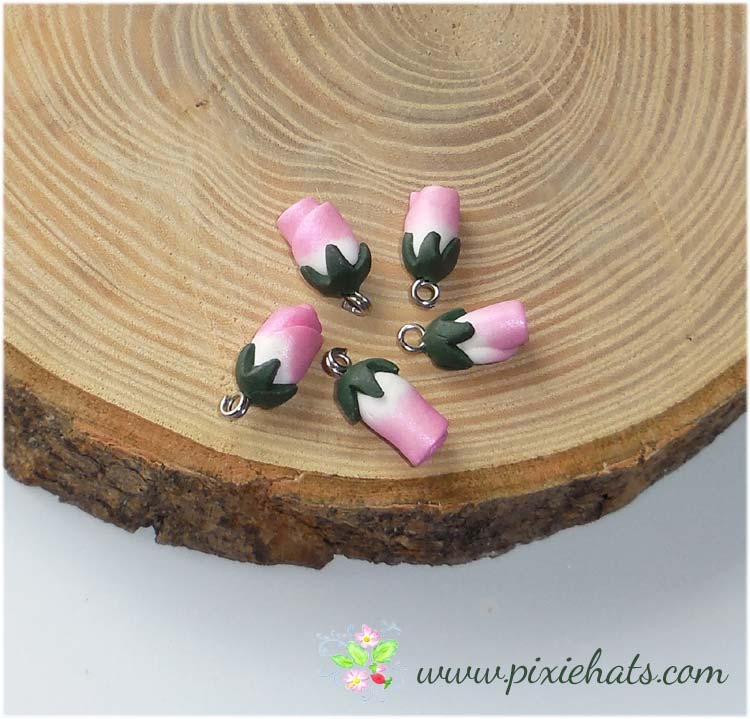5 pink rose bud beads