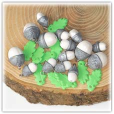 Silver acorn beads and light green oak leaves